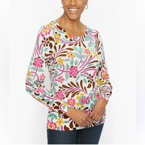 Soft Talbots Pure Merino Wool Floral Crew Neck Puff Sleeves Sweater Pullover